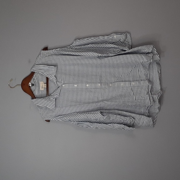 STYLE & Co. Plus Size Striped White Blue Cold Shoulder Long Sleeve Button Up - Picture 2 of 9